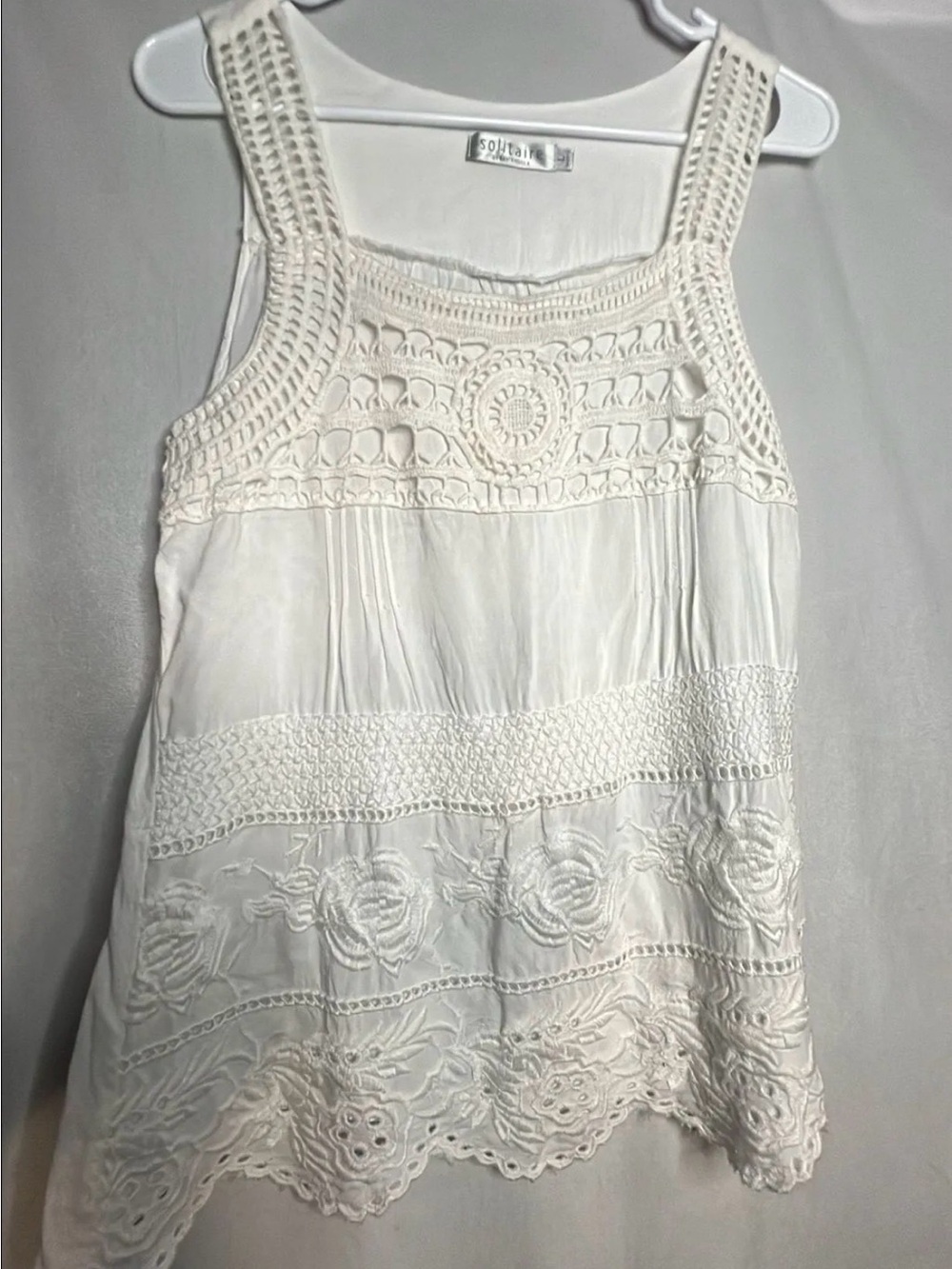 Solitaire Large Boho White Crochet & Lace Tank Top PTP 19”